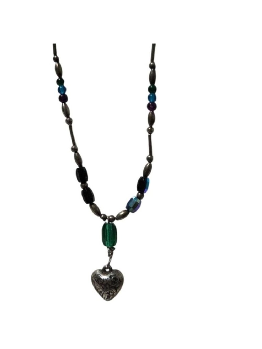Vintage Beaded Necklace Silver Heart Pendant Green Iridescent Boho Artisan